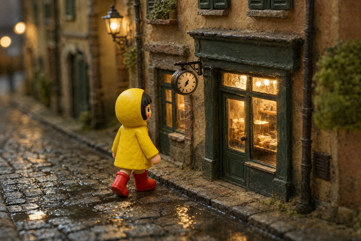 Rain on a narrow street at dusk. Mira walks toward the only lit window: a small bakery with a clock over its door.