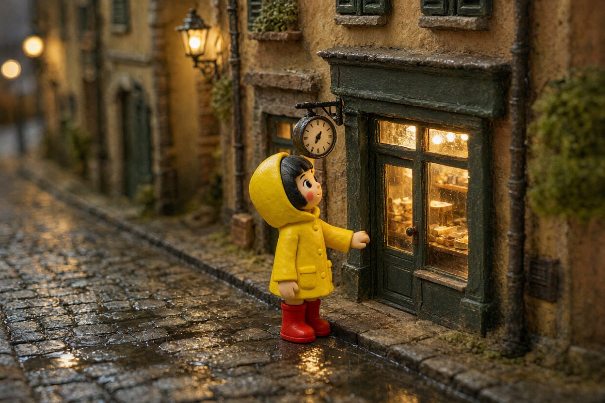 She stops at the glass. Inside, something about the bread is not quite right.