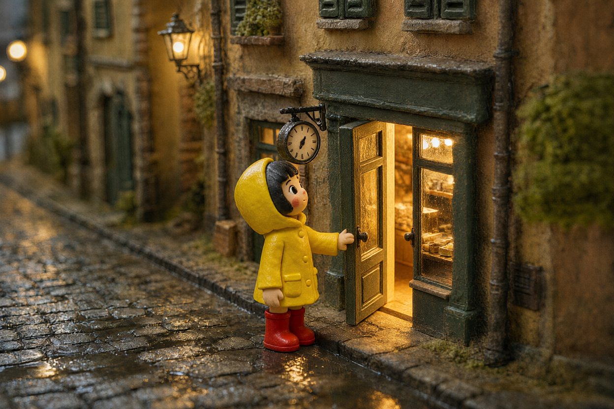 She pulls the door open. Warm light spills out across the wet cobbles.