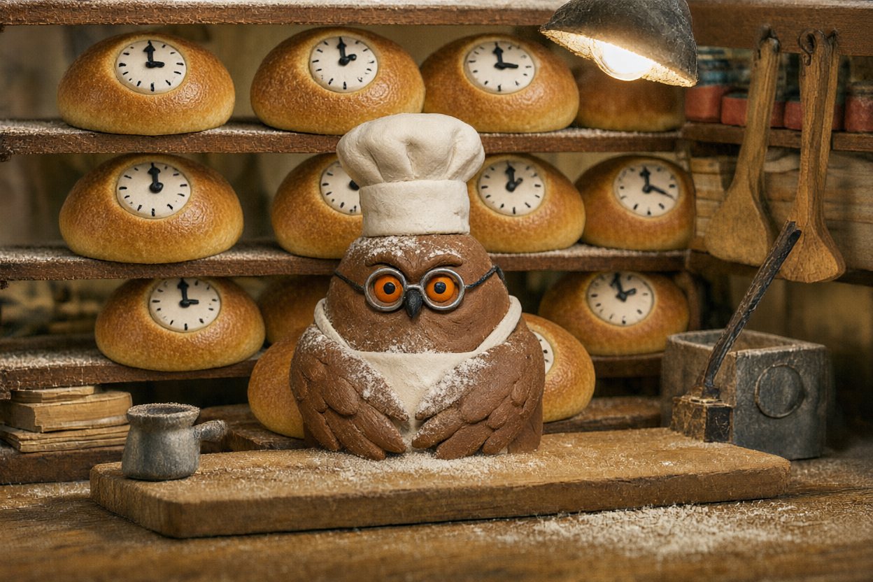 Behind the counter, the baker is an owl — and every loaf on every shelf has a clock baked into its crust.