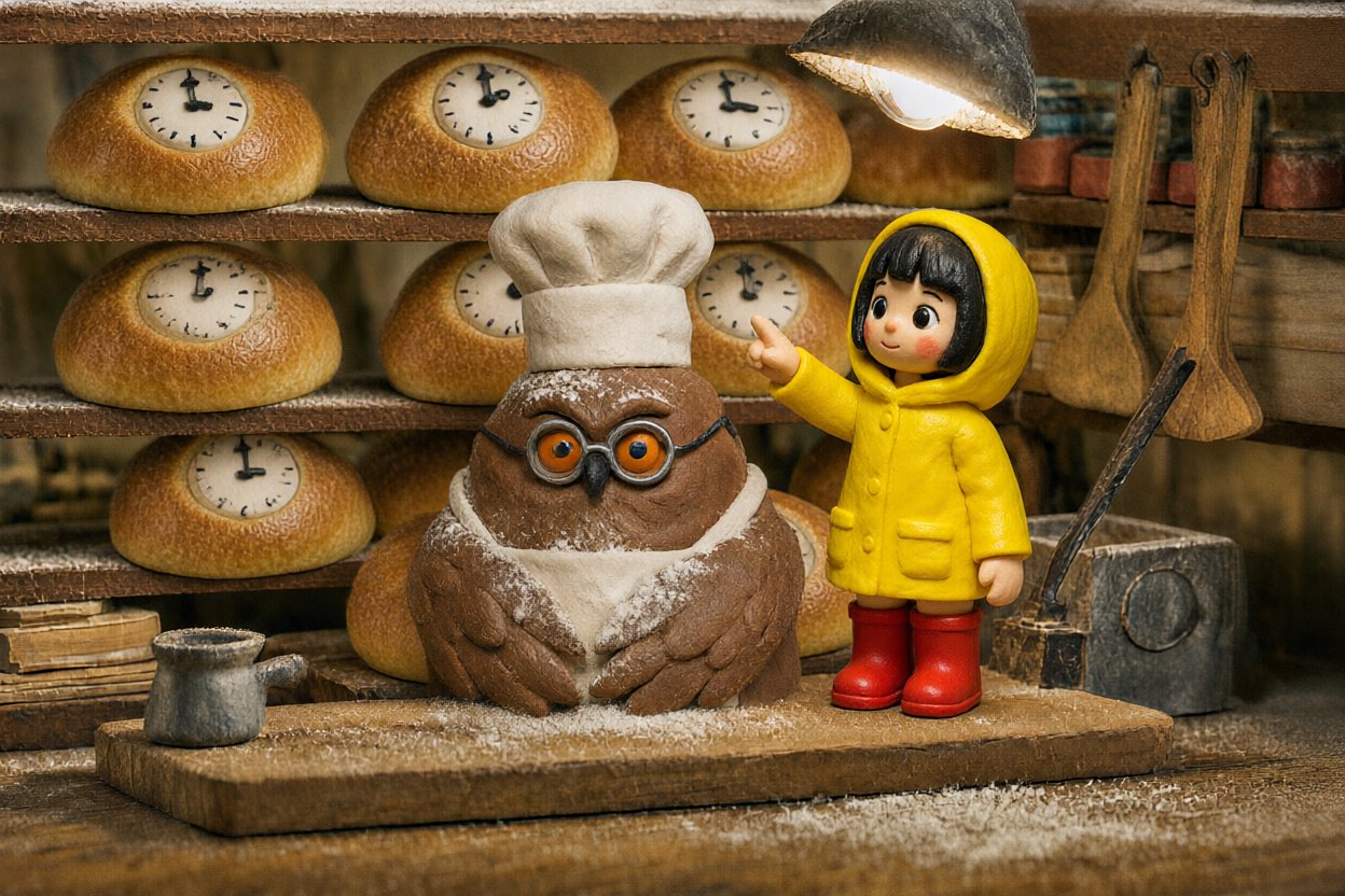 She climbs up onto the counter beside the owl and points at one loaf.