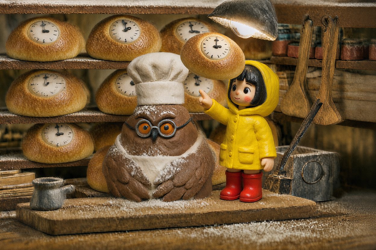 The owl doesn't reach for it. The loaf lifts off the shelf and floats down to her on its own.