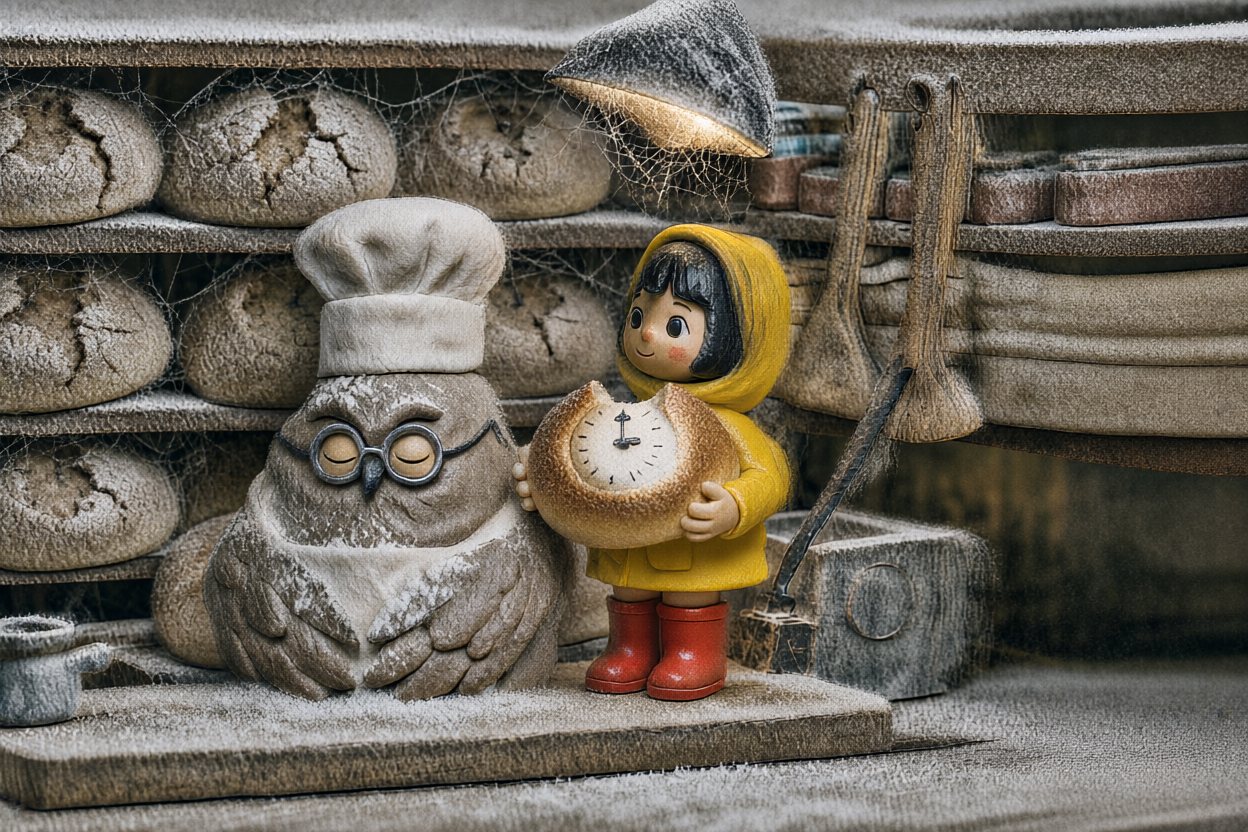 Time runs. Dust, cobwebs, stale bread. The owl grows old and falls asleep beside her. Mira doesn't change at all.
