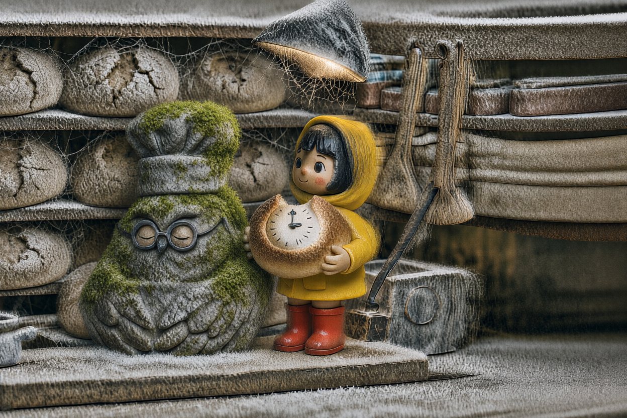 The owl is a statue now. Moss grows on its hat.