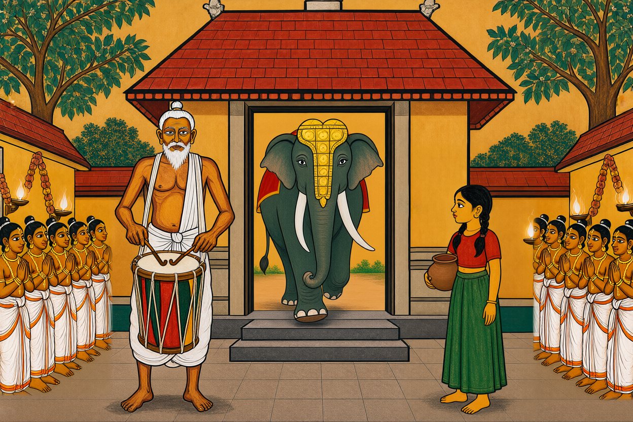 The temple courtyard at the festival: old Achan beats his drum, Kesavan the elephant walks in through the gateway, and Meenu watches with a clay pot.