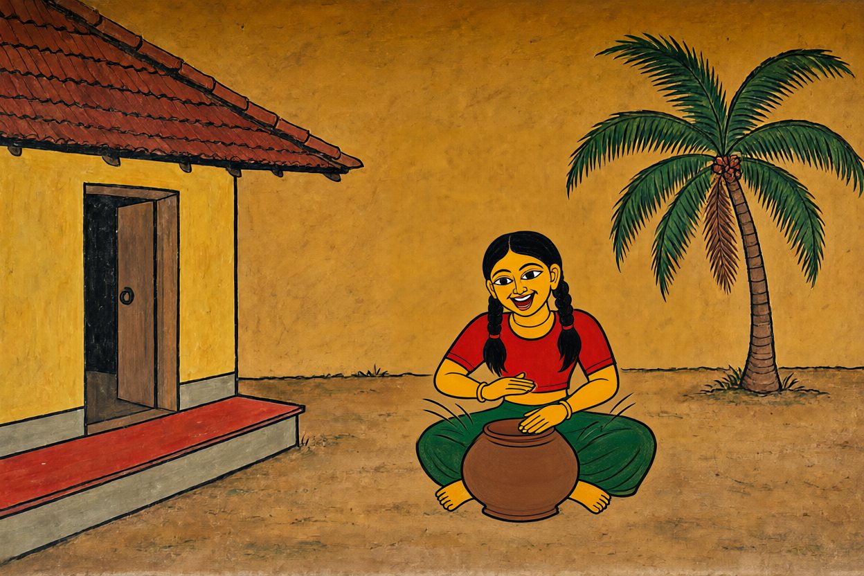 In the back yard, Meenu drums on her clay pot, grinning.