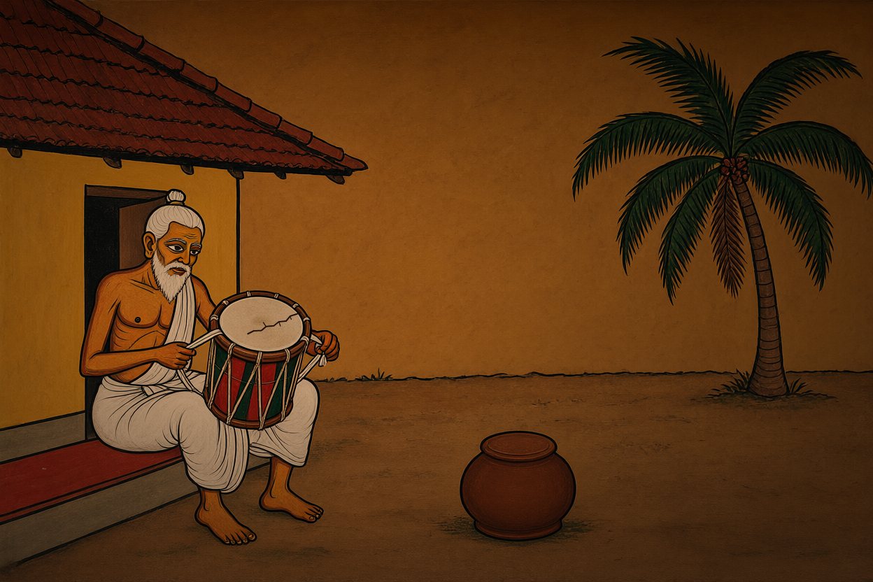 That evening, Achan sits on the step pulling the cords of his drum tight; her pot sits in the yard.