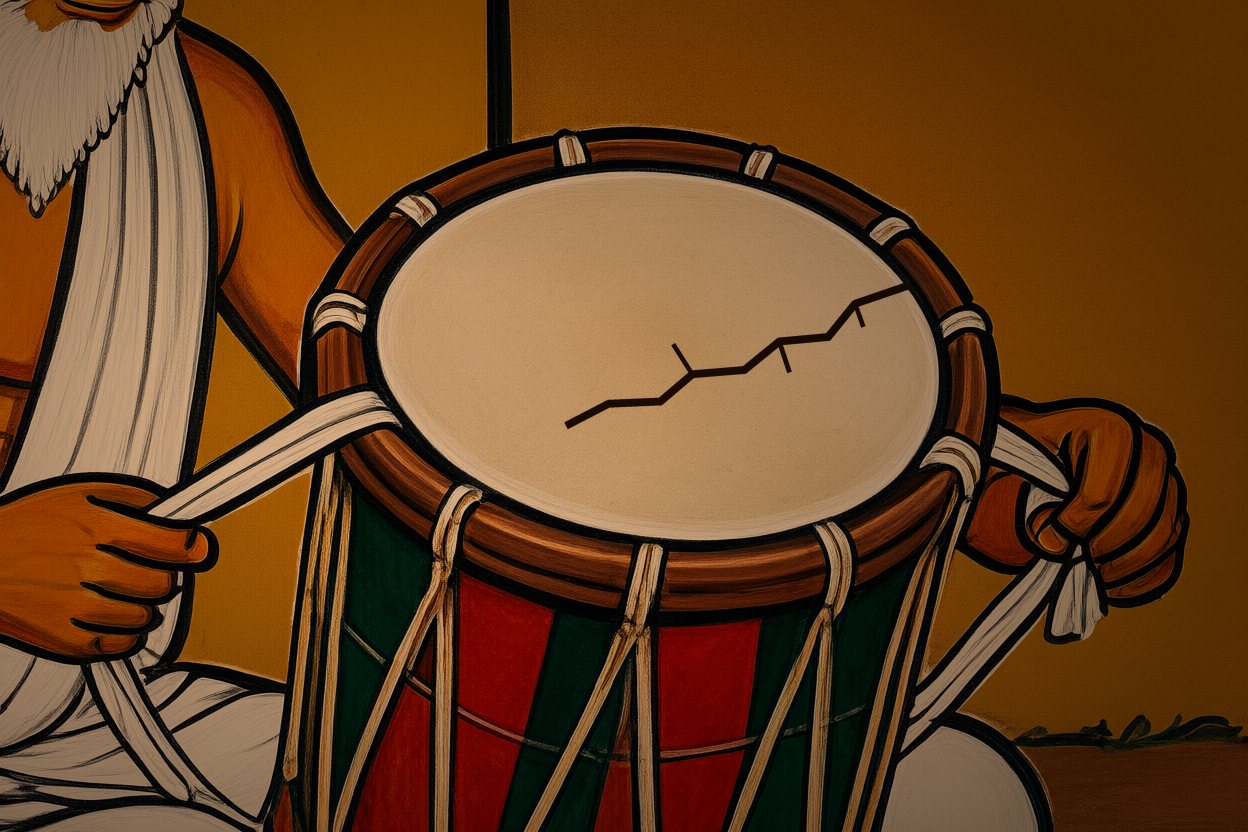 Close on the drum-skin: a thin crack runs in from the rim.