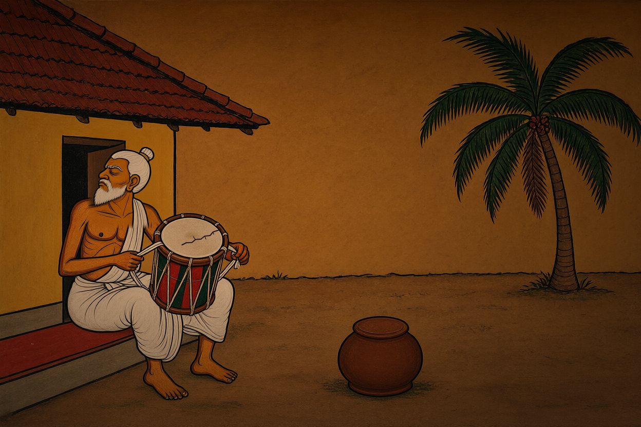 Achan turns his face away from the drum, eyes shut.