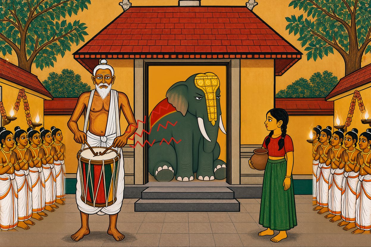 Festival day: Achan strikes the cracked drum; a jagged, off-key sound goes toward Kesavan, who sits down in the gateway with his head turned away.