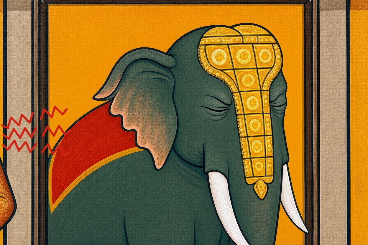 Kesavan sits with his eyes shut tight and his head turned away from the jarring beat.