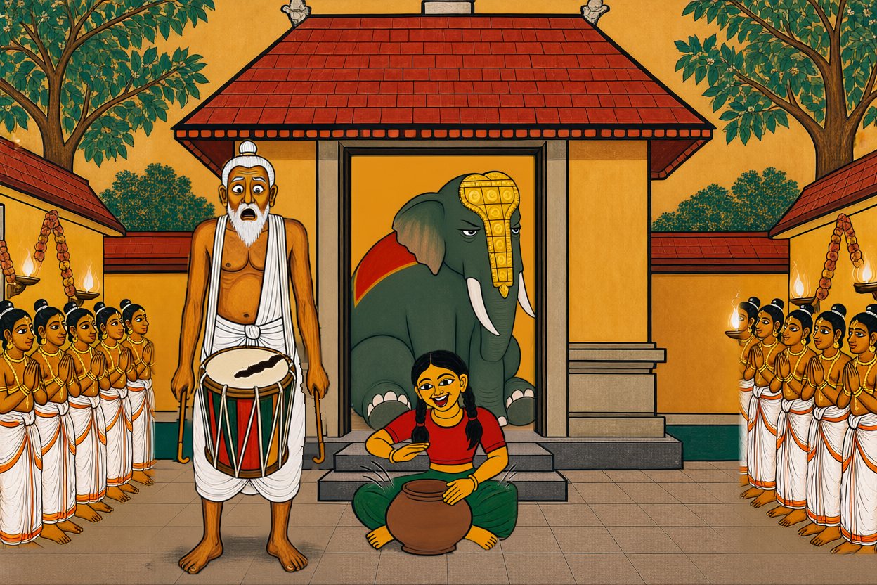 Meenu sits down in front of the gate and drums on her pot, the way she did in the yard.