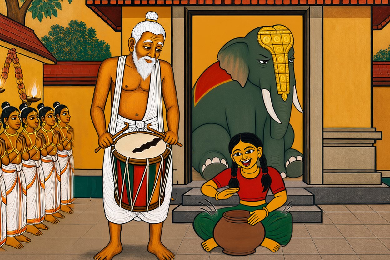 His face softens as he looks down at her, his sticks lowered to the drum.