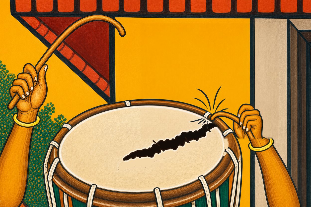 One stick raised, the other strikes the wooden rim of the broken drum.