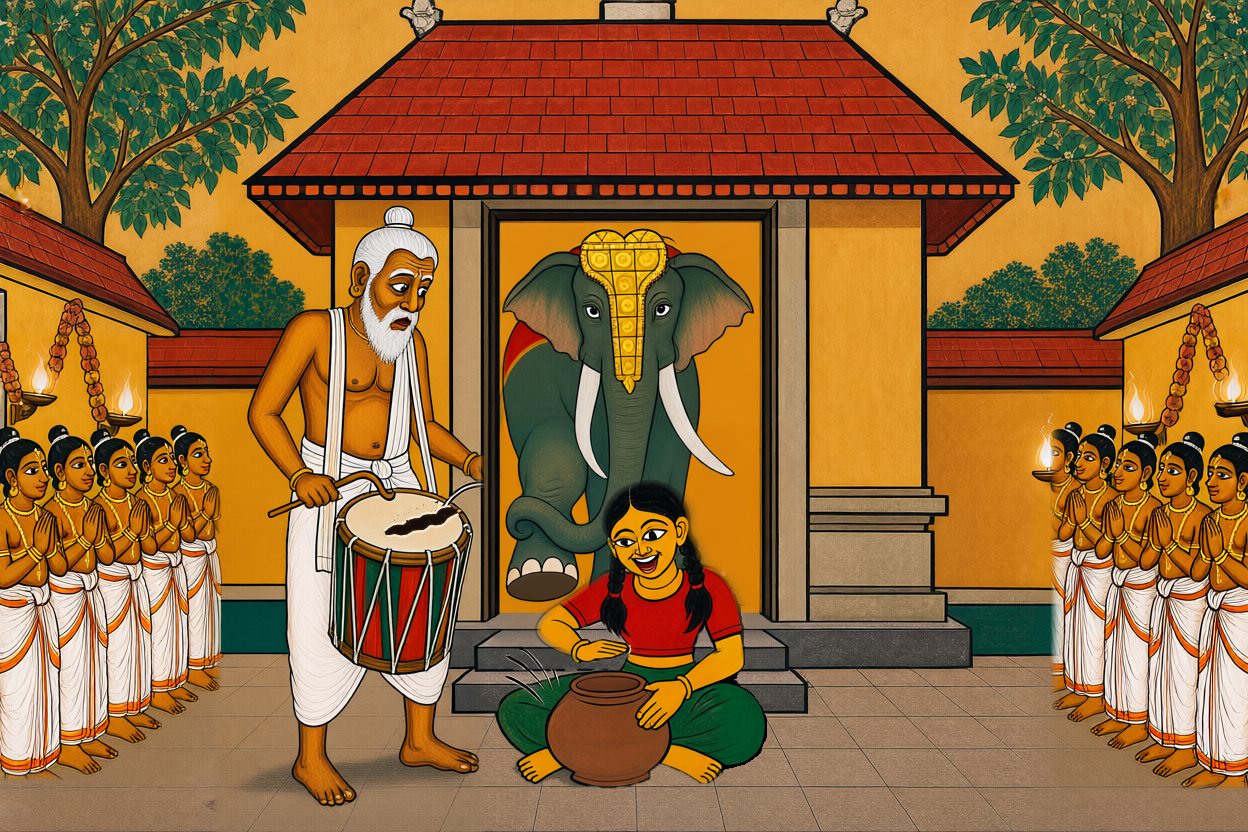 Kesavan stands up in the gateway and lifts one front foot over the threshold.