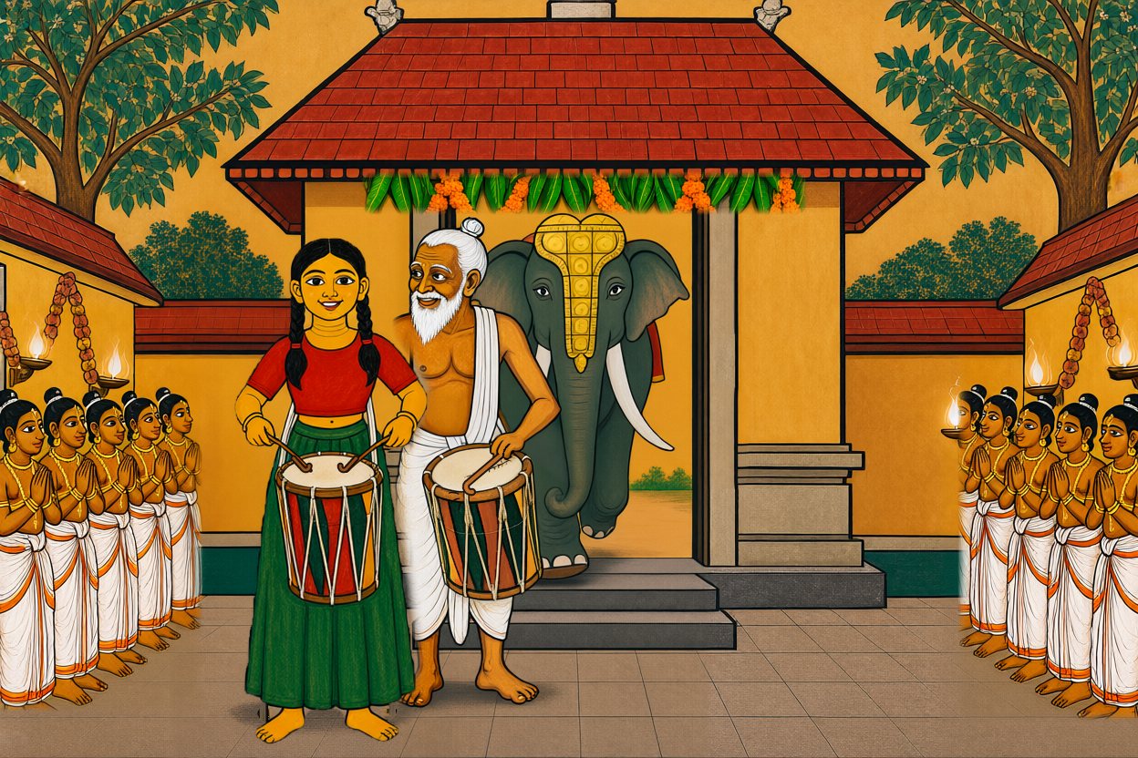 Next year, under new festival garlands: a taller Meenu leads with a drum, and Achan beside her taps the rim of his old, mended drum.