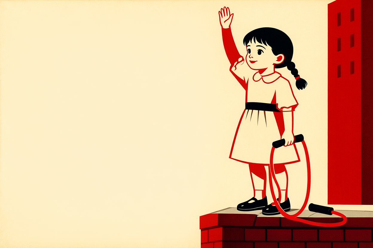 Lida on the red quay waves, a long red skipping rope in her hand.