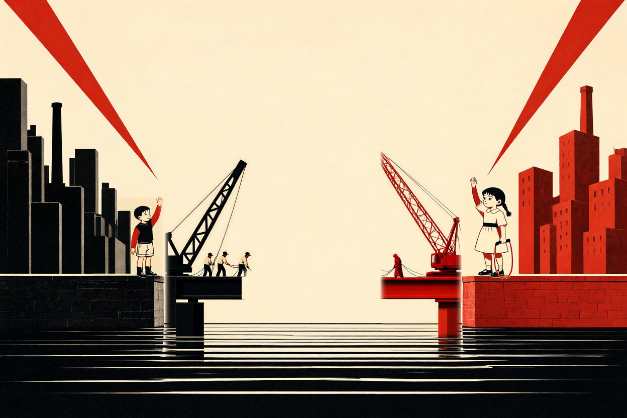 Both crews build out from their own bank: a black girder on the west, a red one on the east.