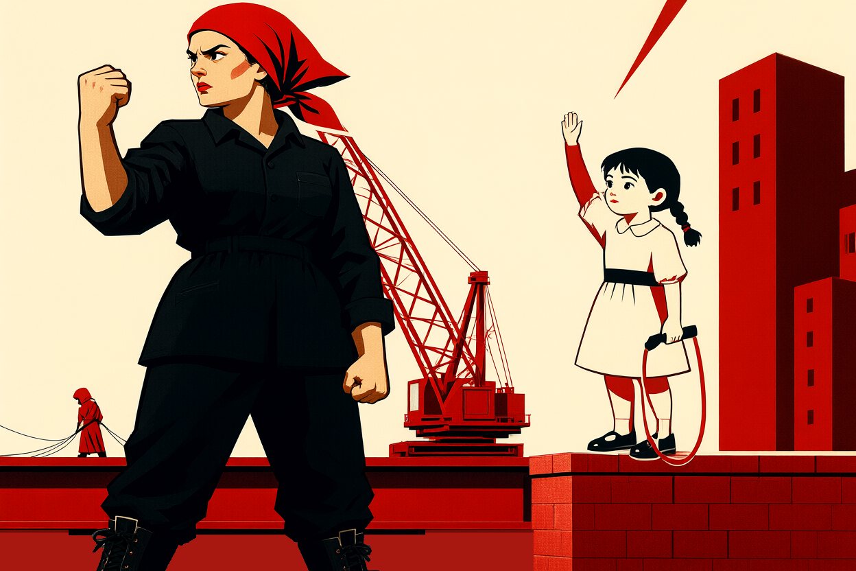Vera, forewoman of the east, fist raised, glares across the river; beside her Lida waves.