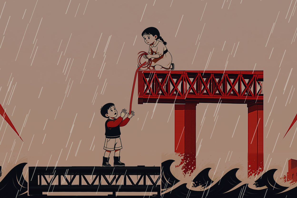 Lida lets her red rope down into Pavel's hands.