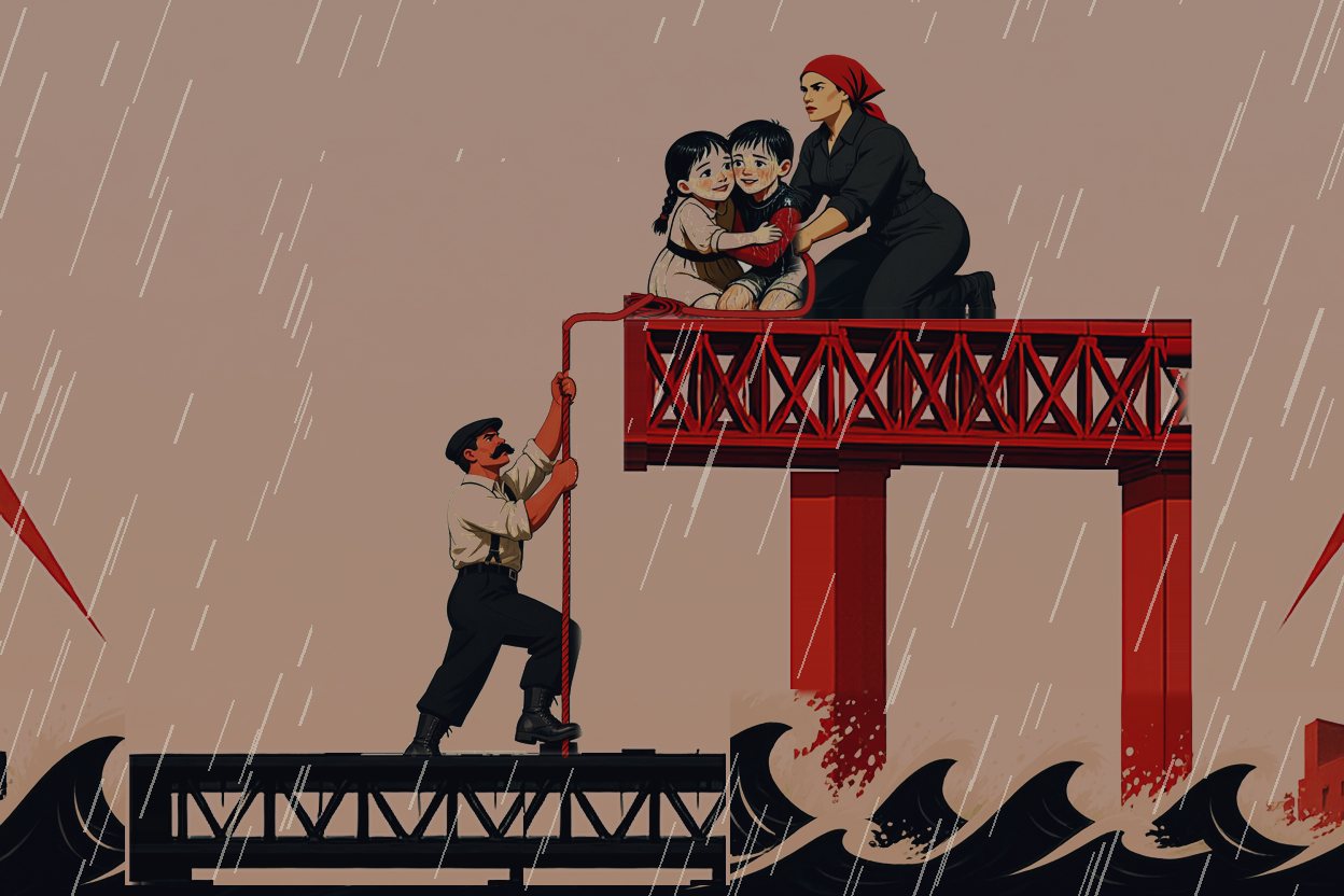 Pavel is up on the high deck in Lida's arms; Vera kneels beside them, her fist on the rope, and in the rain below Tomas climbs it hand over hand.