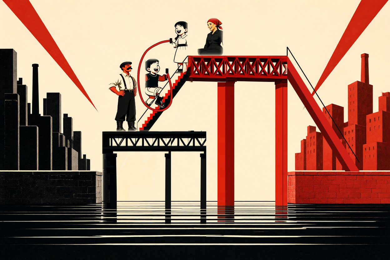 The same two banks: on the stair in the middle of the bridge Pavel jumps and Lida turns the red rope with him; Tomas watches from the foot, Vera from the top.