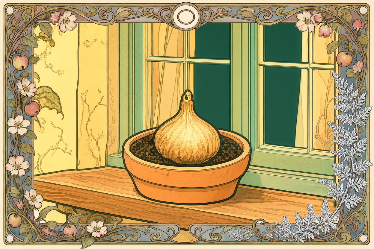 A clay pot on a sunny windowsill; in it, one fat golden bulb that has never sprouted.