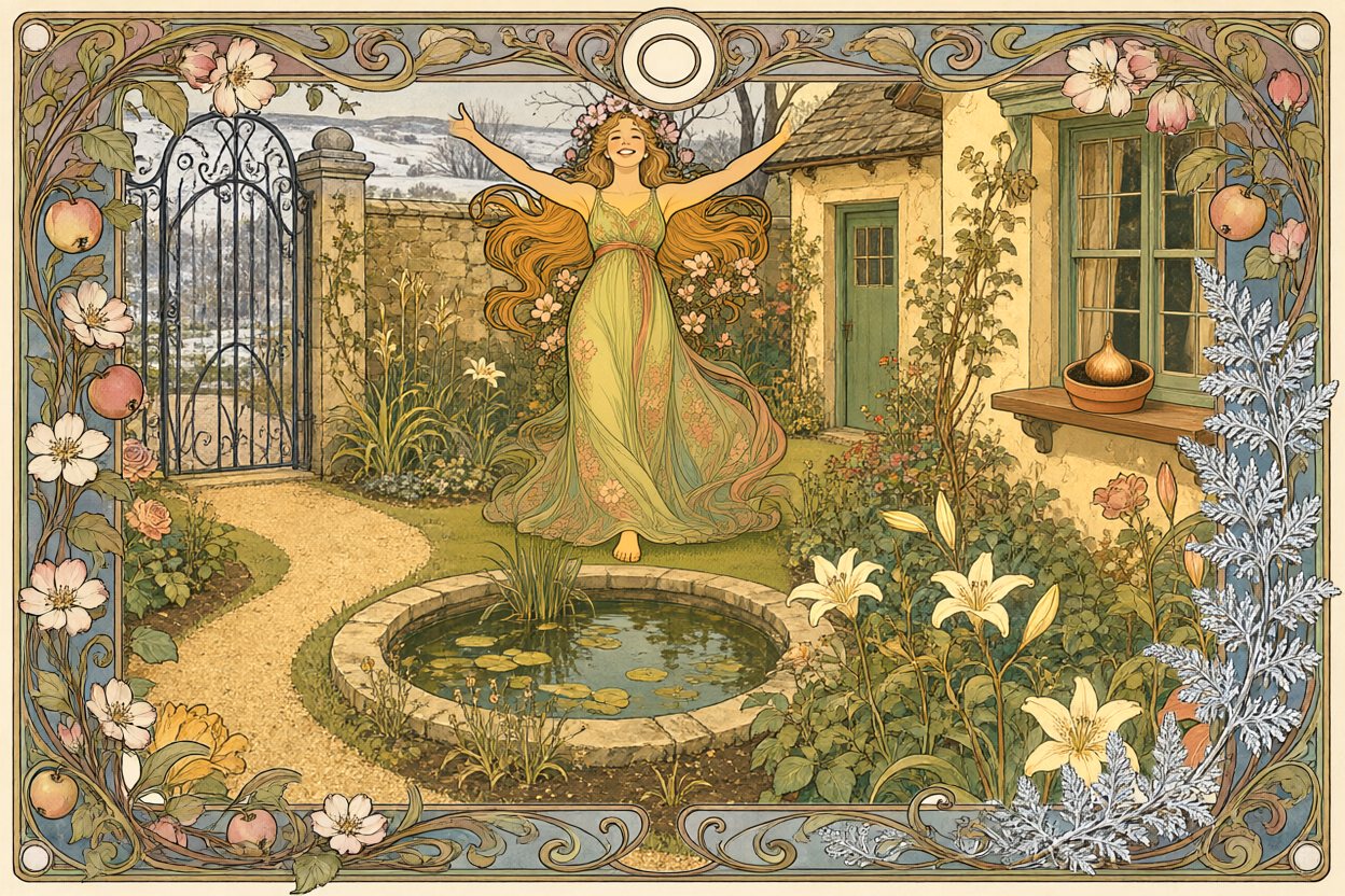 The walled garden in full bloom and hot gold light; Spring, crowned with blossom, stands in the middle with her arms flung wide. Beyond the wall the fields are white with snow.