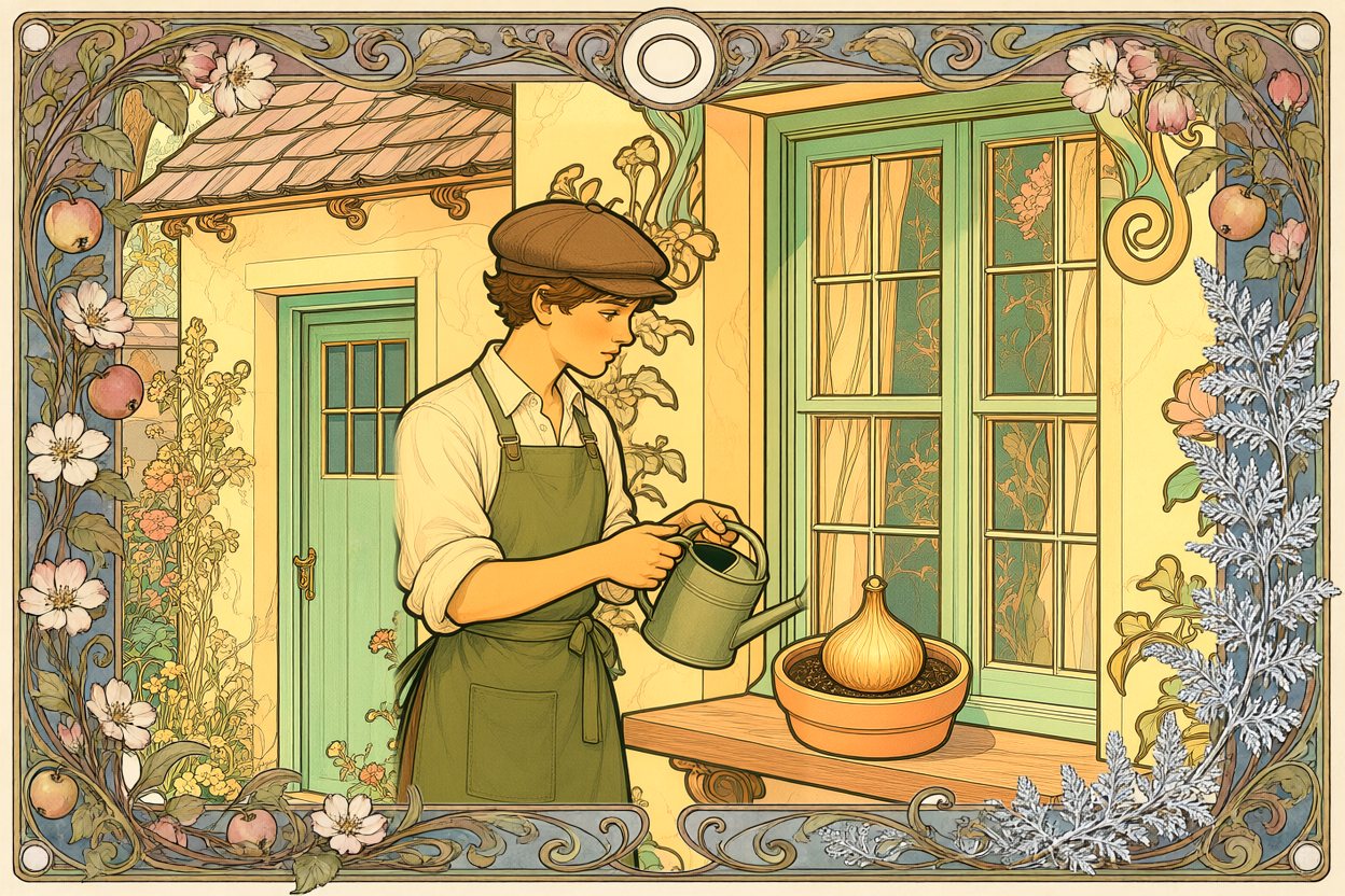 Jan, the young gardener, waters the dry bulb on the windowsill.
