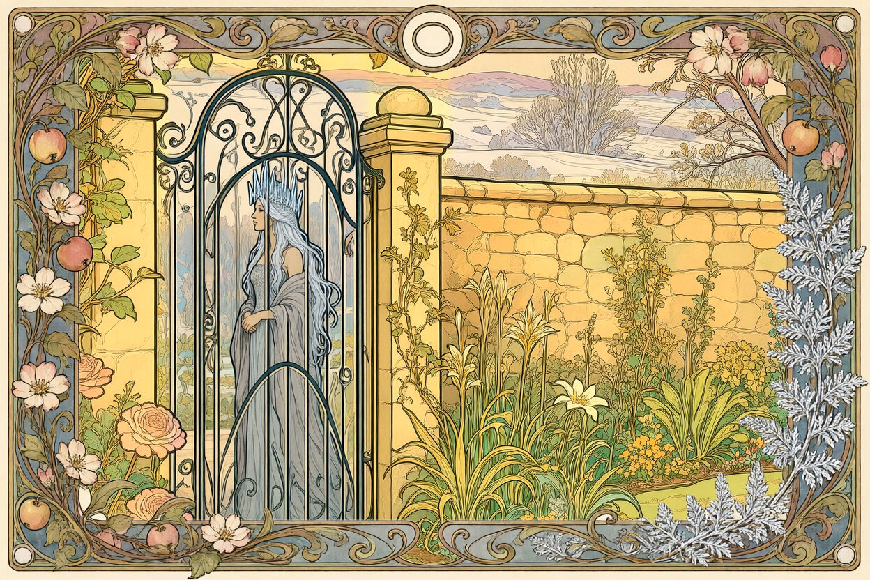 At the iron gate: beyond the bars, outside the garden, Winter waits in the cold, crowned with icicles, looking away.