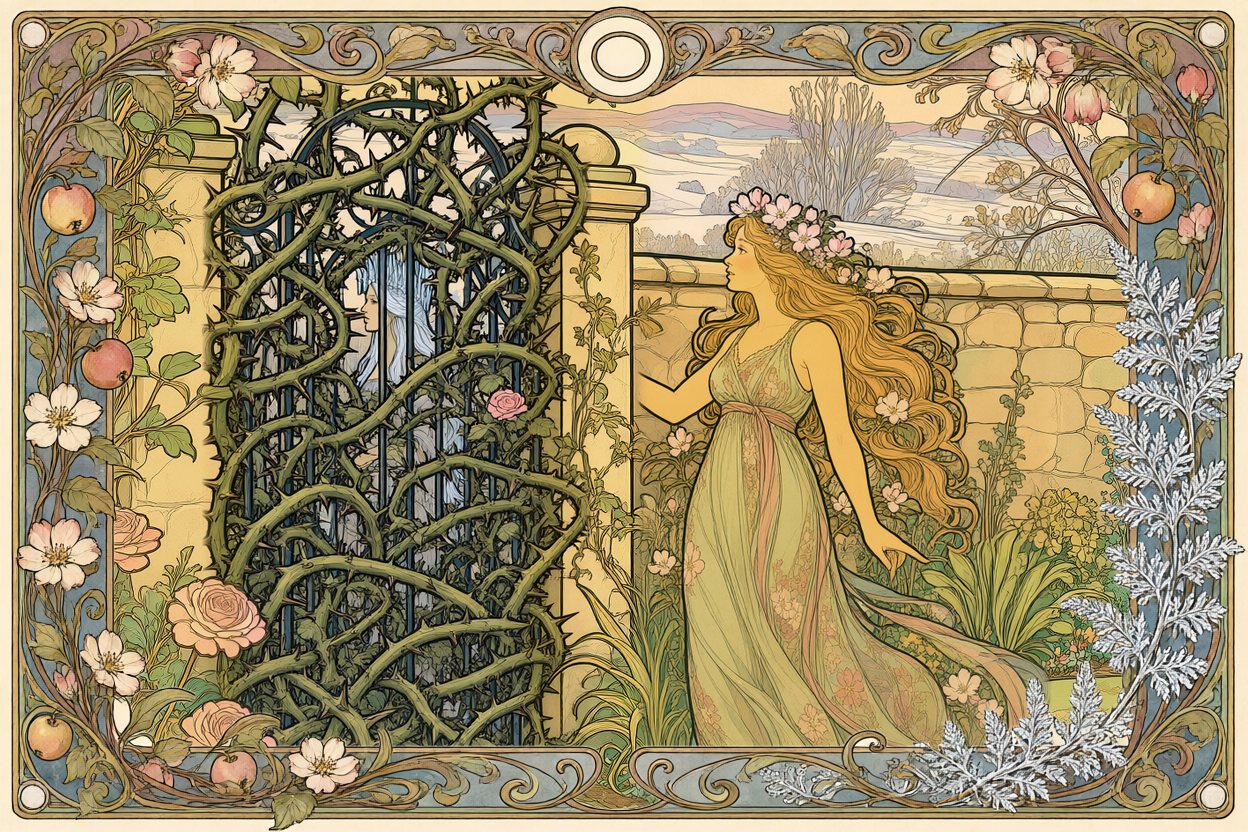 Thorny briars have grown over the gate and through its bars; Spring stands beside it. Winter is barely visible behind the thorns.