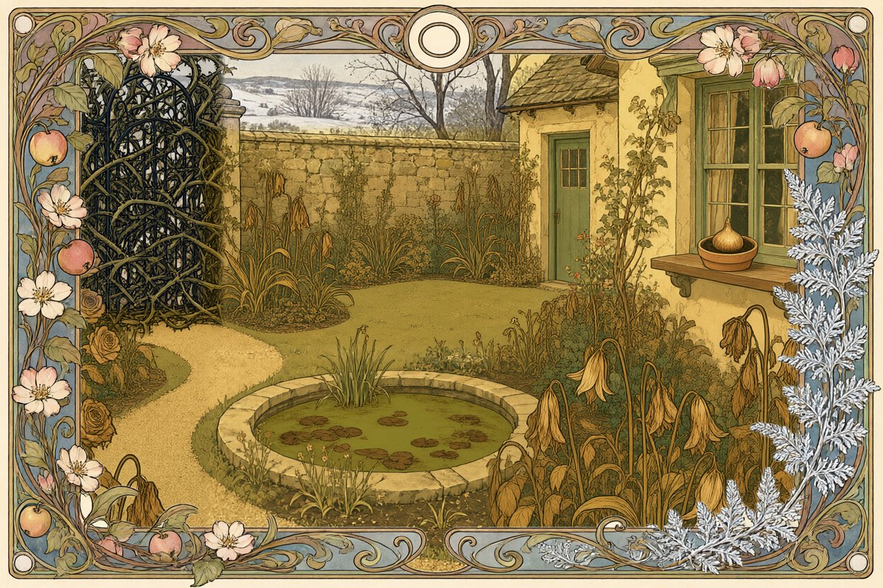 The whole garden is sick: brown drooping flowers, the gate barred with briars, the pond thick with green scum.