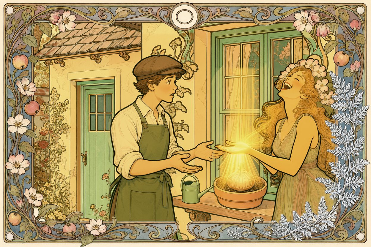 Spring laughs and holds her hand over the pot; golden sunlight pours from her palm onto the bulb.