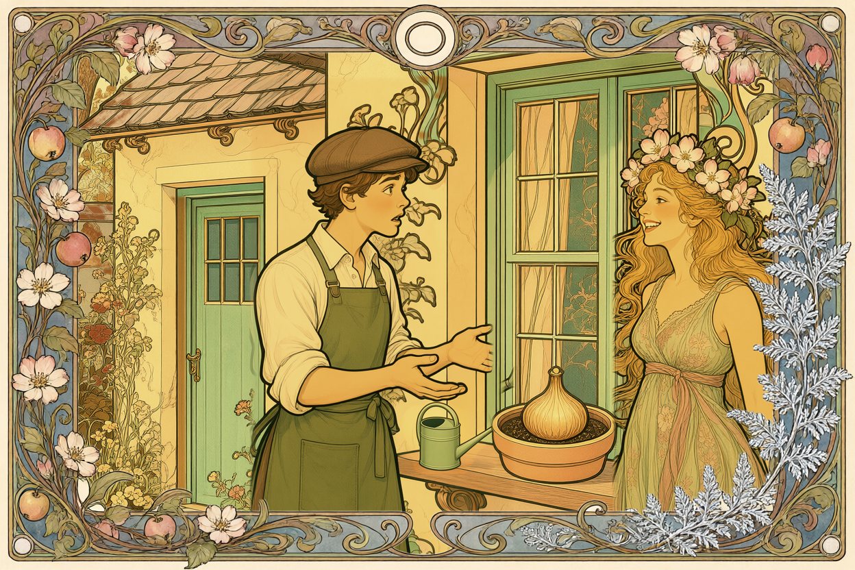 Jan has set his watering can down on the sill and turns to Spring with his hands held out, asking for her help.