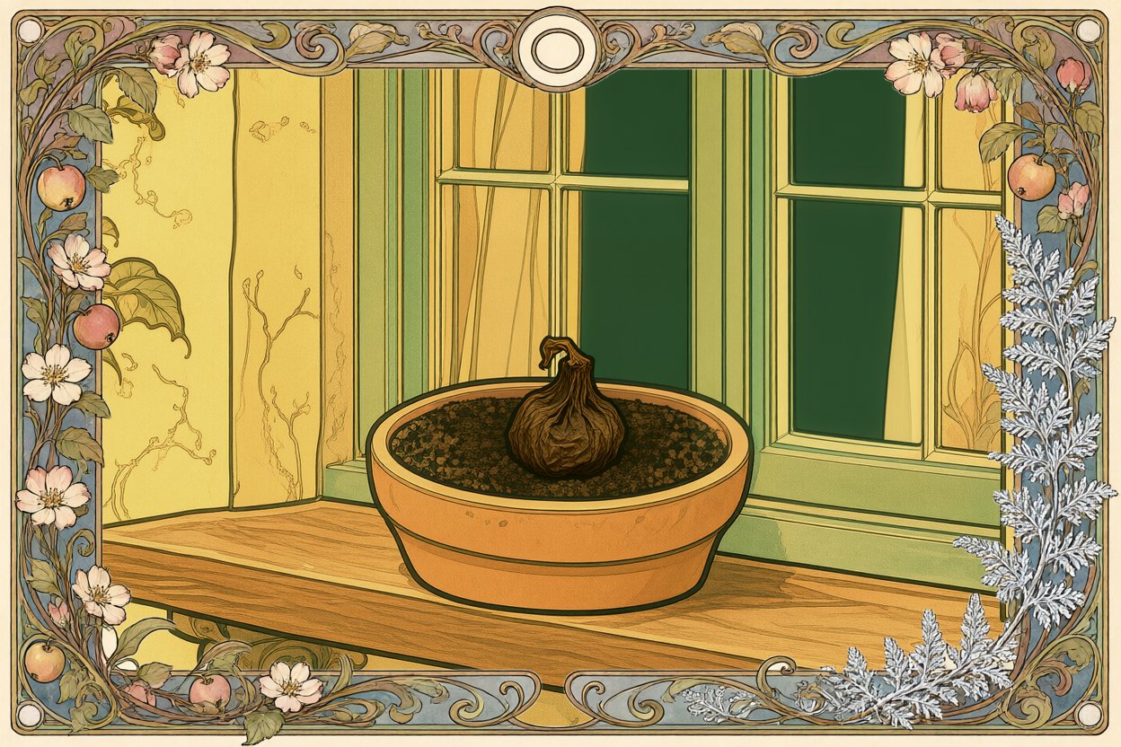 The windowsill again: the bulb has shrivelled, small and dark and bent.