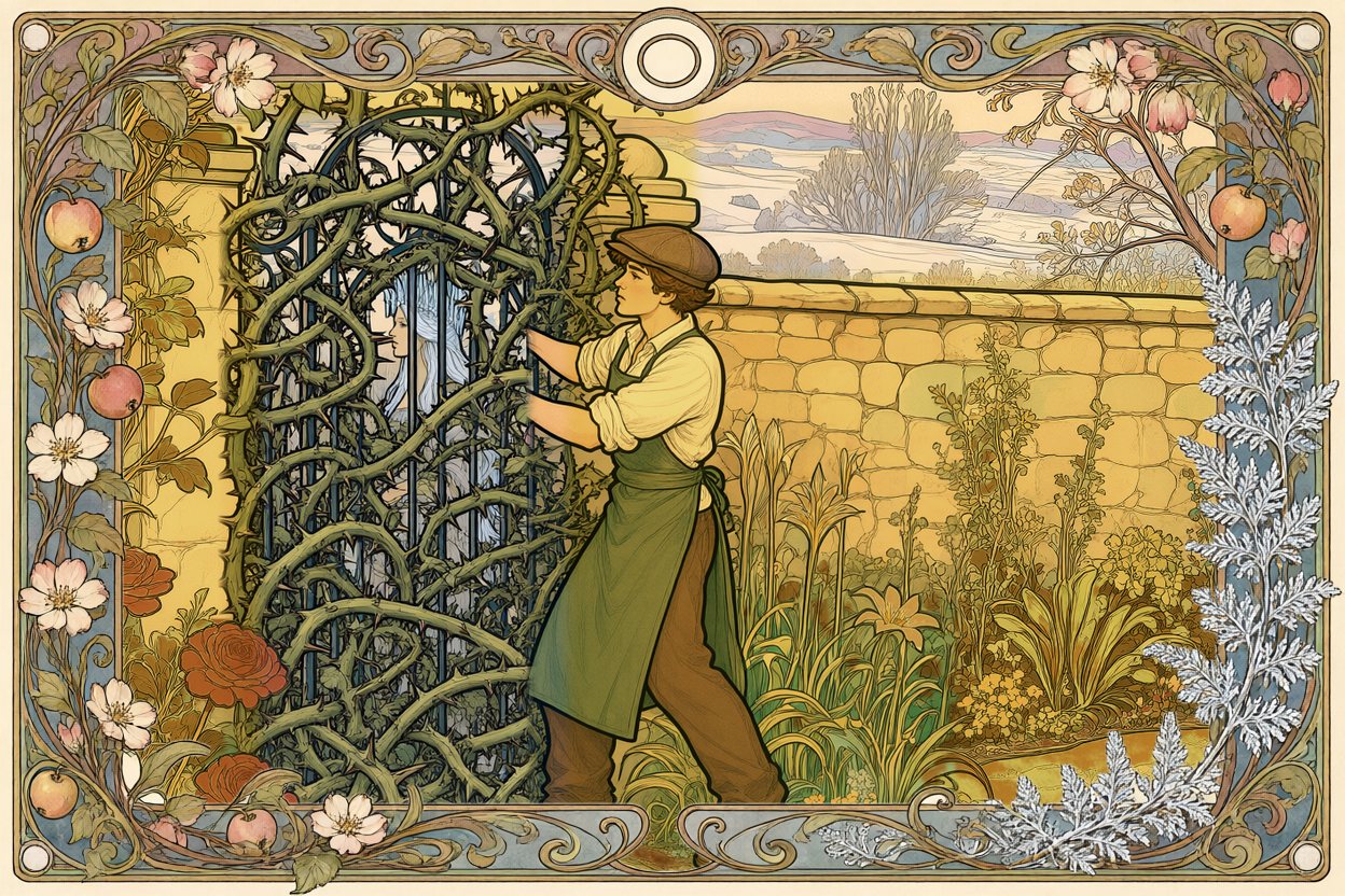 At the gate, Jan tears the thorny briars away with both hands; Winter waits behind them.