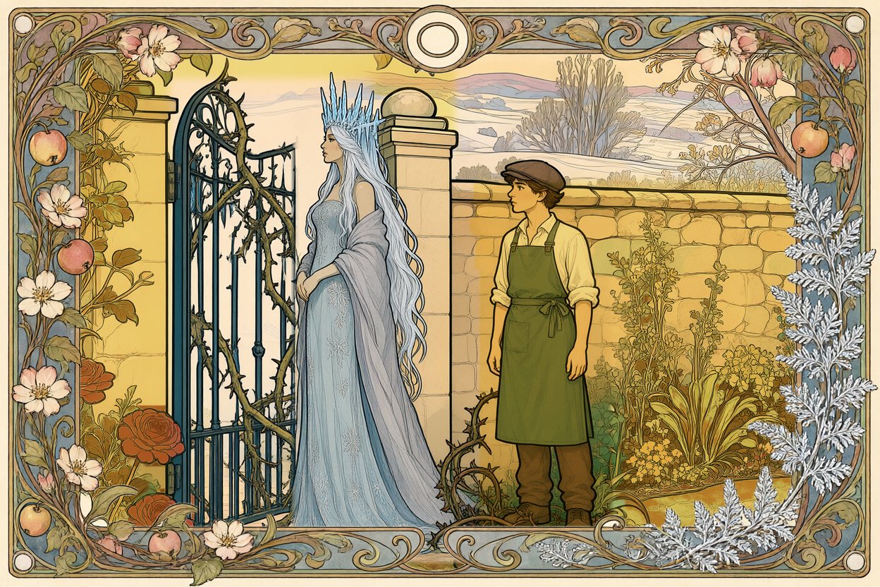 The gate stands open, the torn briars hanging from it. Winter waits in the gateway; Jan stands back by the pillar.