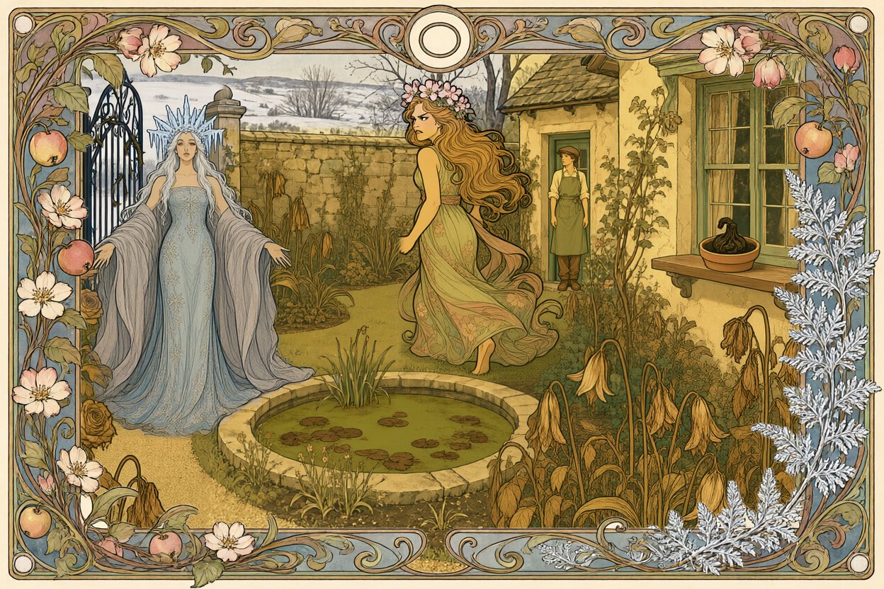 Winter steps into the sick garden, arms spread; Spring storms away across the lawn, glaring back at her; Jan watches from the cottage door.