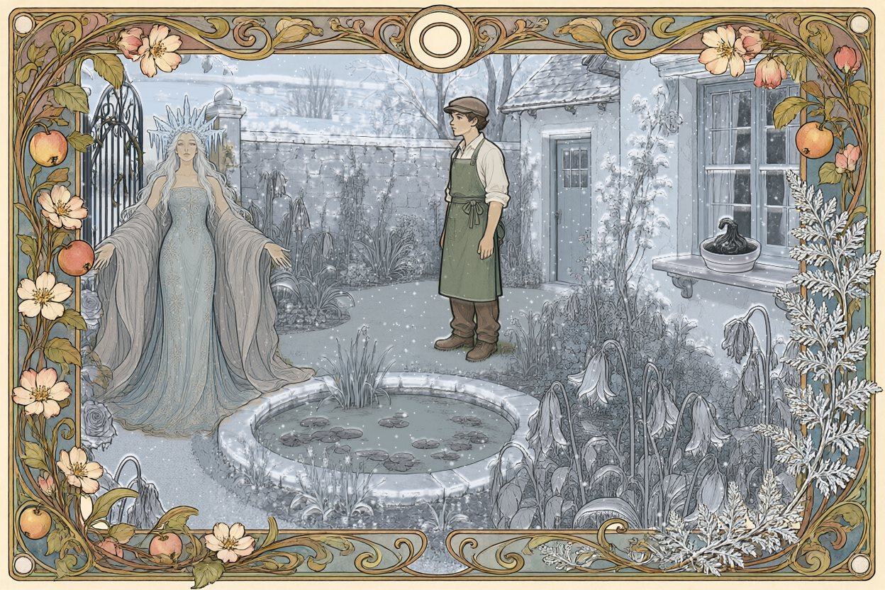 Frost and snow over the whole garden; everything is white and asleep. Winter stands with her arms spread; Jan watches from the lawn.