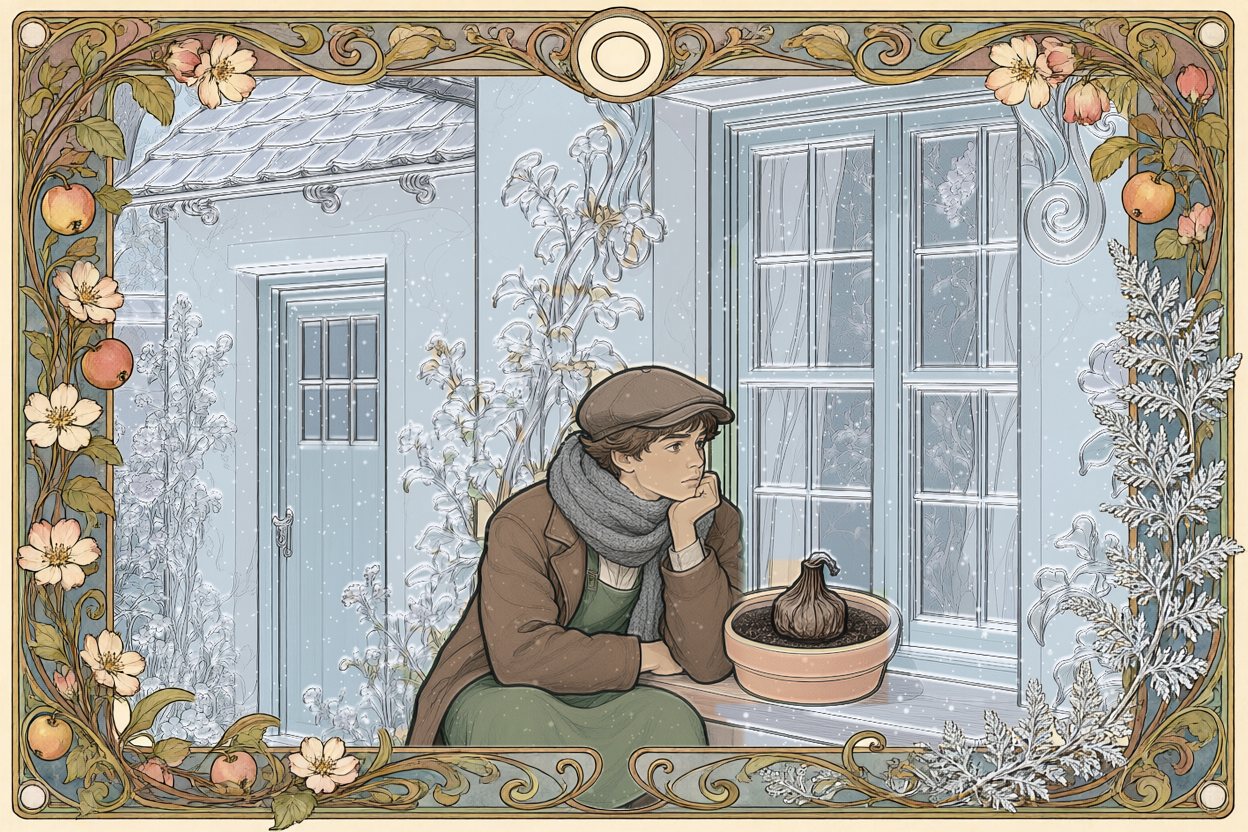 All winter, at the window: Jan, in a coat and scarf, sits by the sill watching the shrivelled bulb.