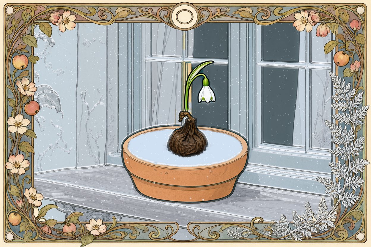 A single white snowdrop has flowered from the bulb, in the snow.