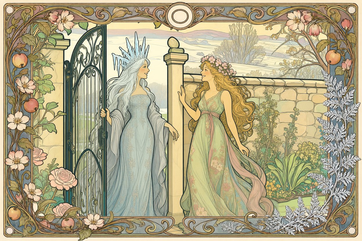 Spring comes home in soft spring light: Winter holds the open gate, and the two smile at each other.
