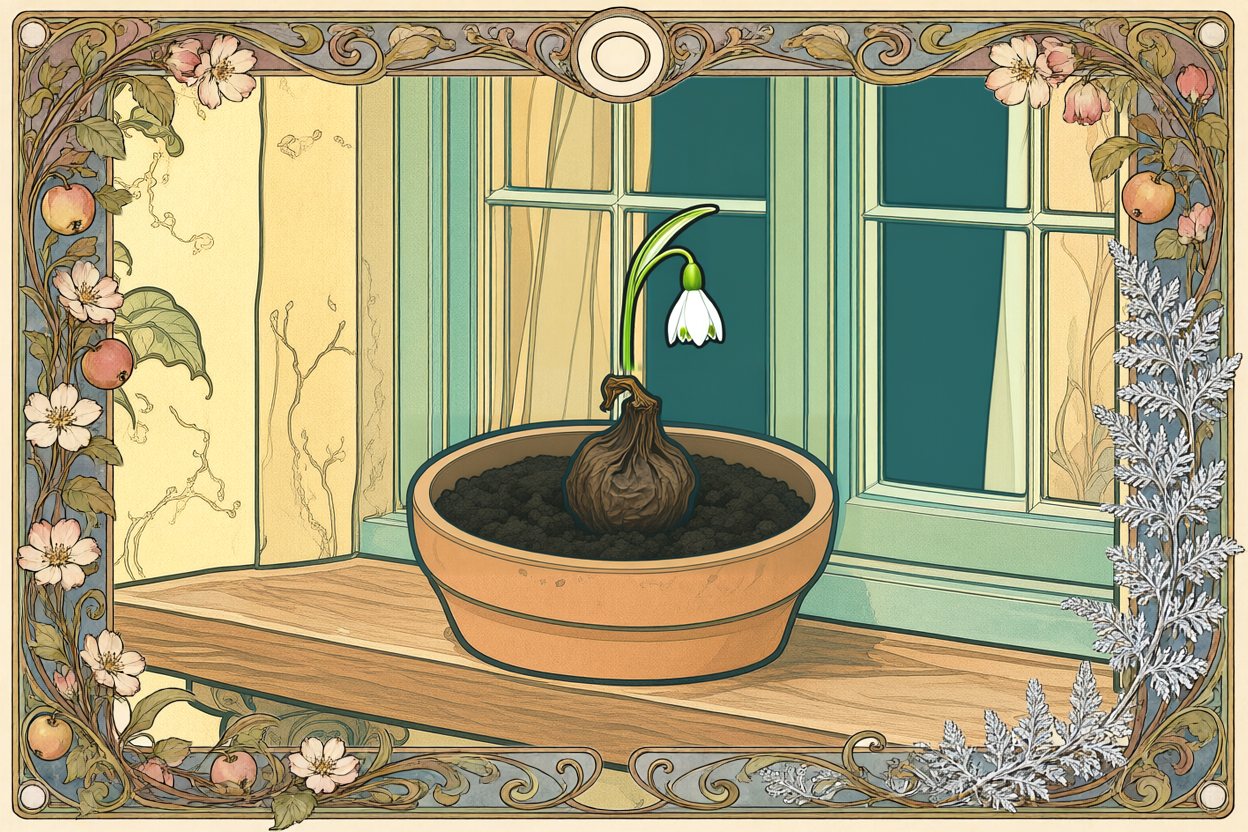The same windowsill as the beginning, in soft spring light: the snowdrop in flower in the clay pot.