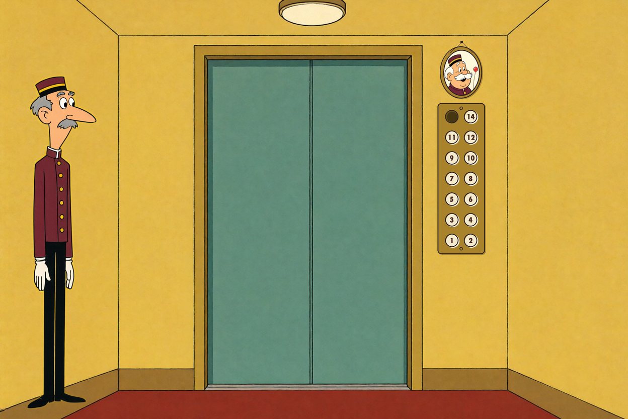 Inside the lift: Mr. Pell stands stiffly at his post, the doors shut; a portrait of an old operator hangs above the button panel.