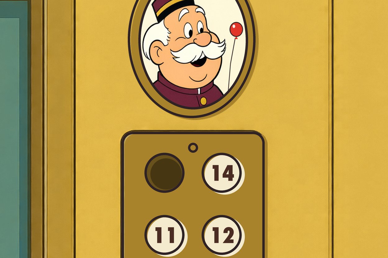 Close on the panel: 11, 12, 14, and an empty socket where 13 should be; above it, the old operator's portrait, a small red balloon floating beside him.