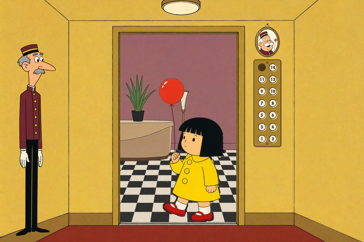 A small girl in a yellow coat steps in at the open doors, holding a red balloon.