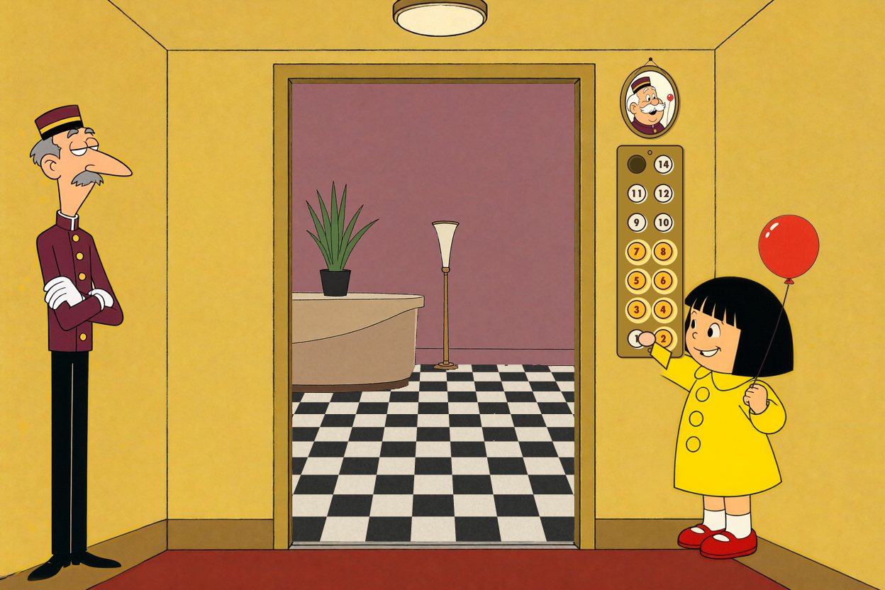 Ada presses the lower buttons; floors 2 to 8 light up.