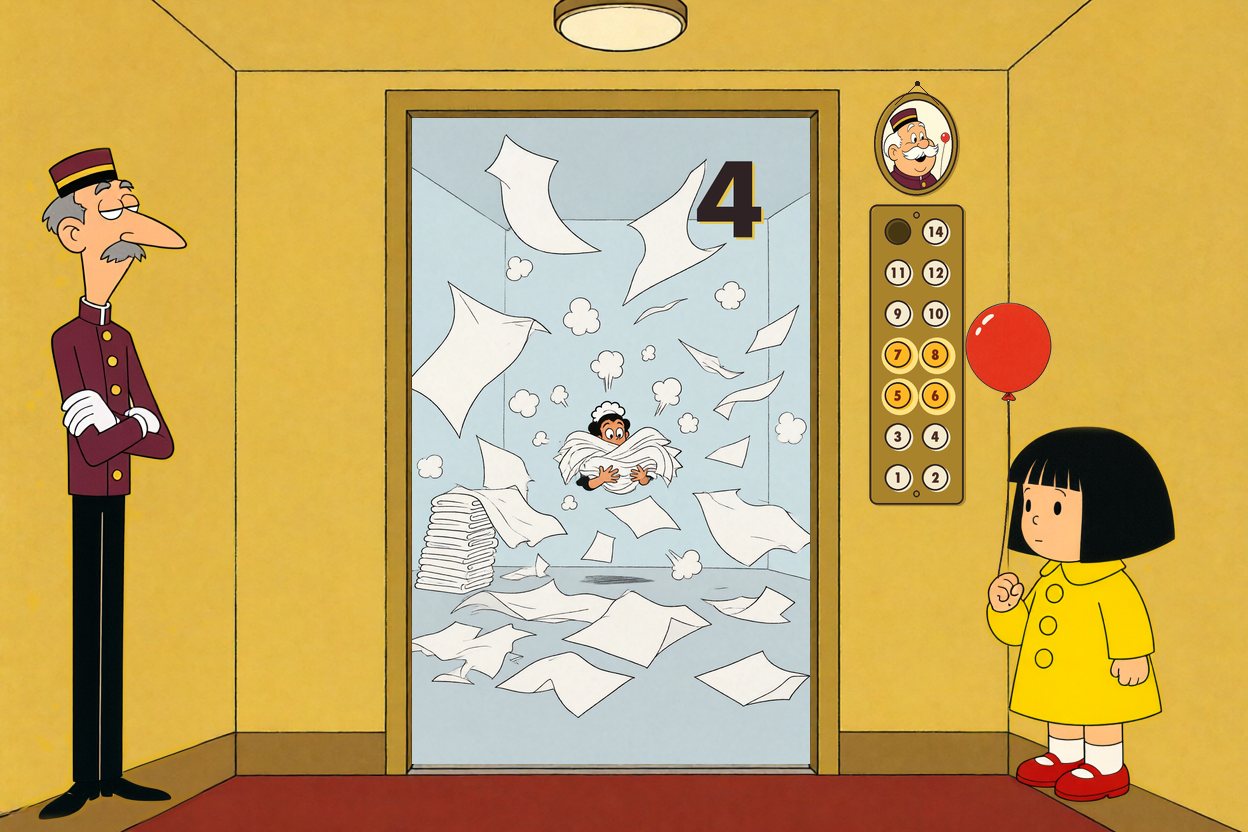 Floor 4: a hotel laundry in chaos, sheets flying.