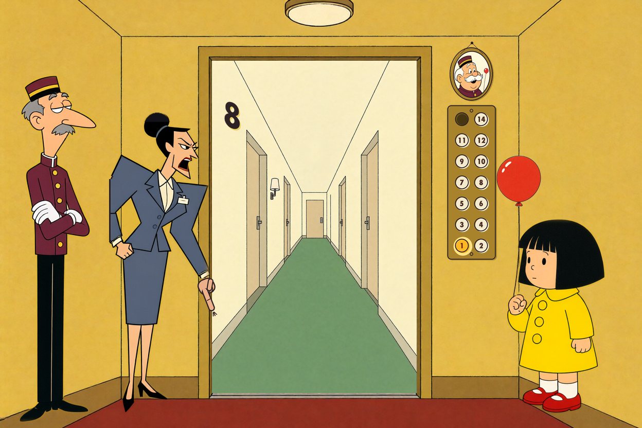 Mrs. Grange stands in the lift, jabbing a finger down at the floor; button 1 lit.
