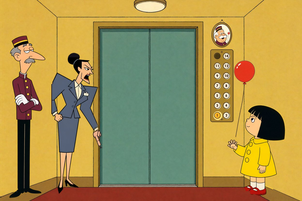 Ada looks up at the portrait and opens her hand; the red balloon rises beside her.
